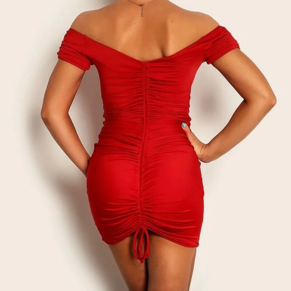 Red Rushed Drawstring Bodycon Dress - Picture 3 of 3